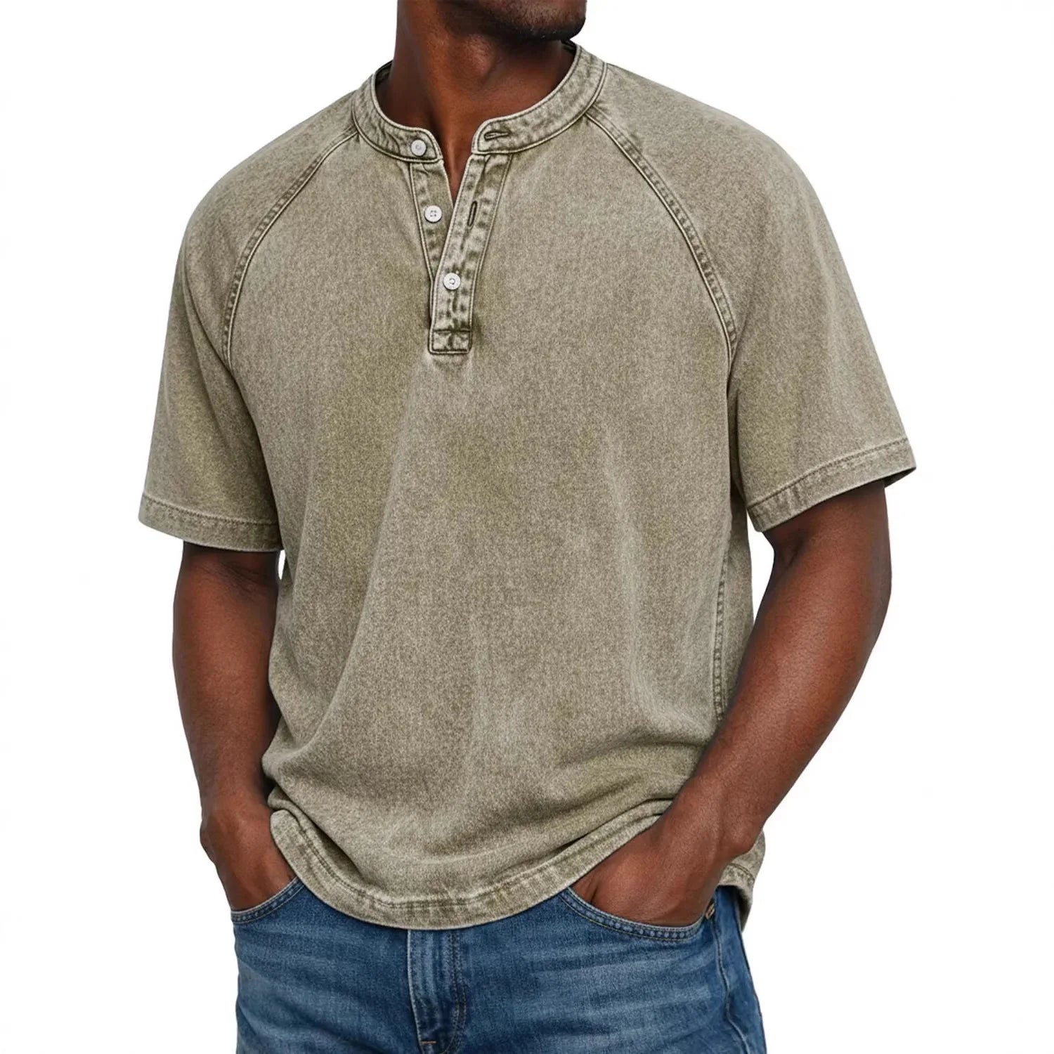 Koszulka henley męska | Vintage z guzikami | Rękaw raglan