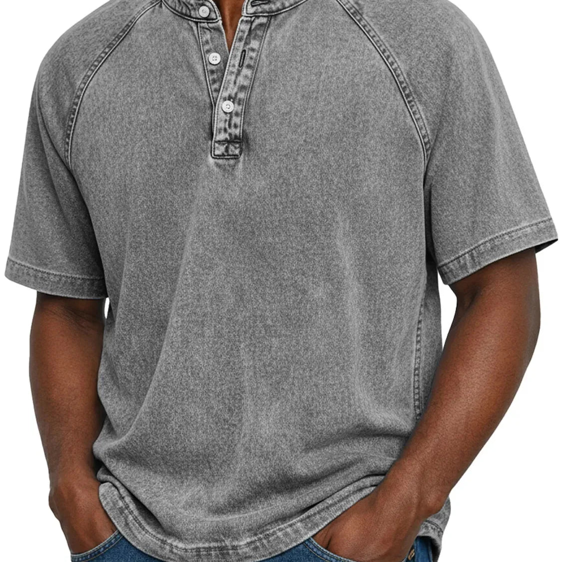 Koszulka henley męska | Vintage z guzikami | Rękaw raglan