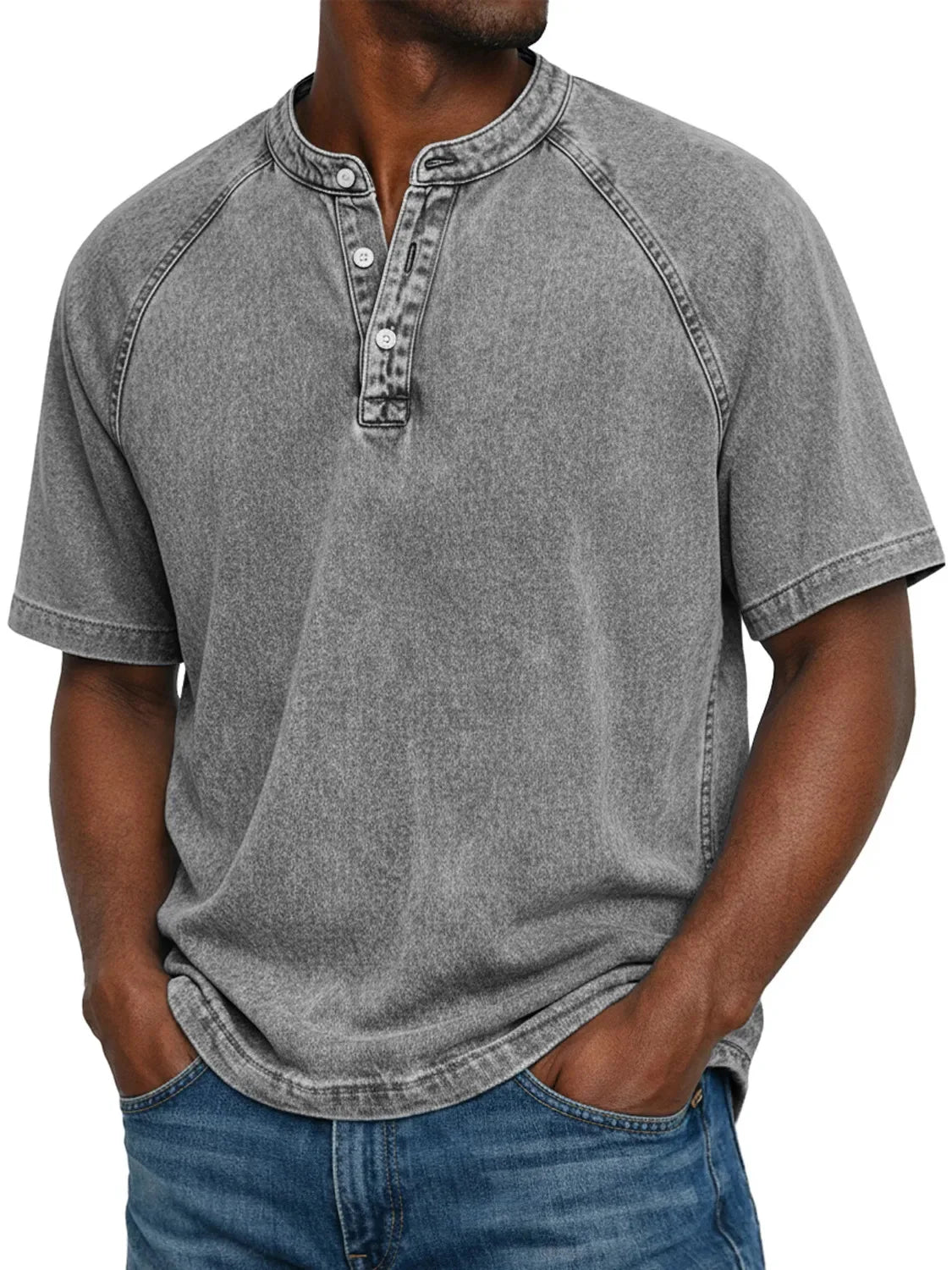 Koszulka henley męska | Vintage z guzikami | Rękaw raglan