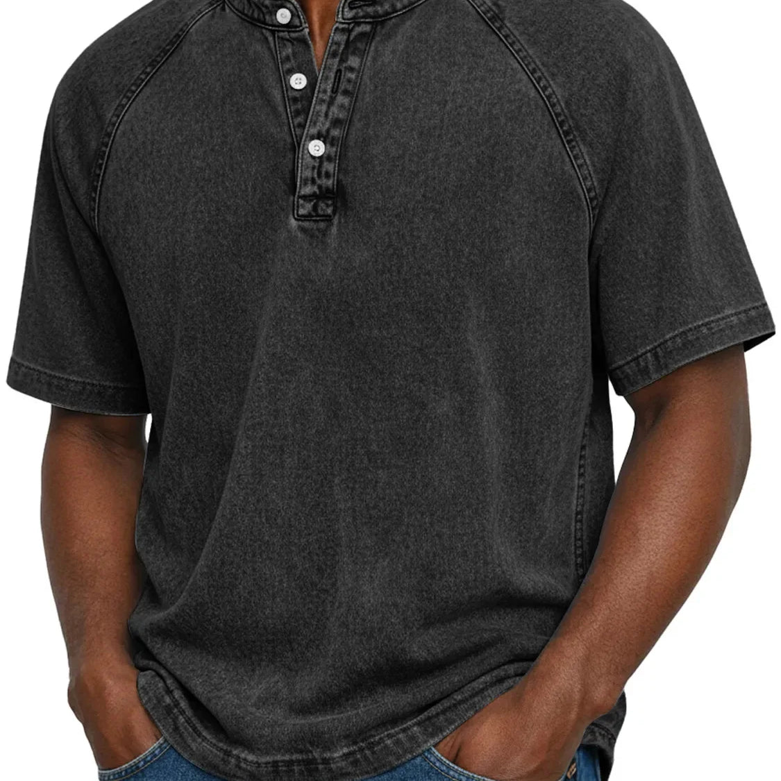 Koszulka henley męska | Vintage z guzikami | Rękaw raglan