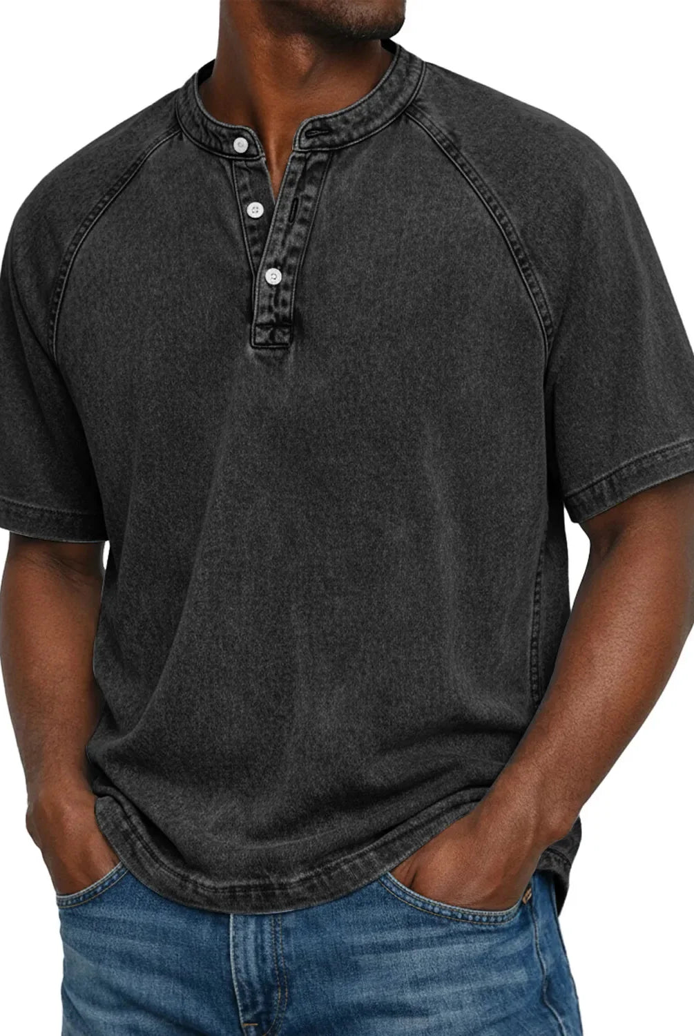 Koszulka henley męska | Vintage z guzikami | Rękaw raglan