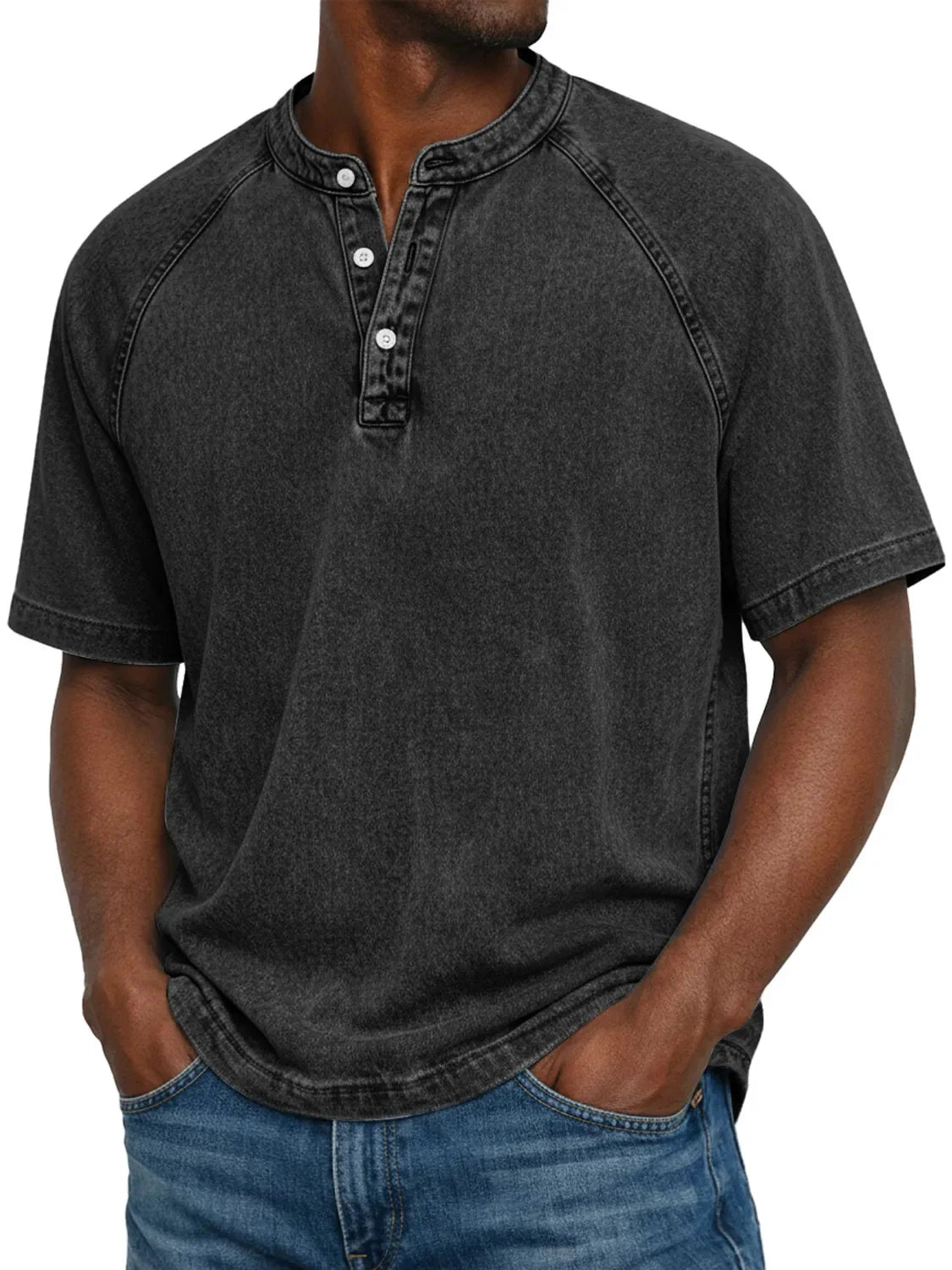 Koszulka henley męska | Vintage z guzikami | Rękaw raglan