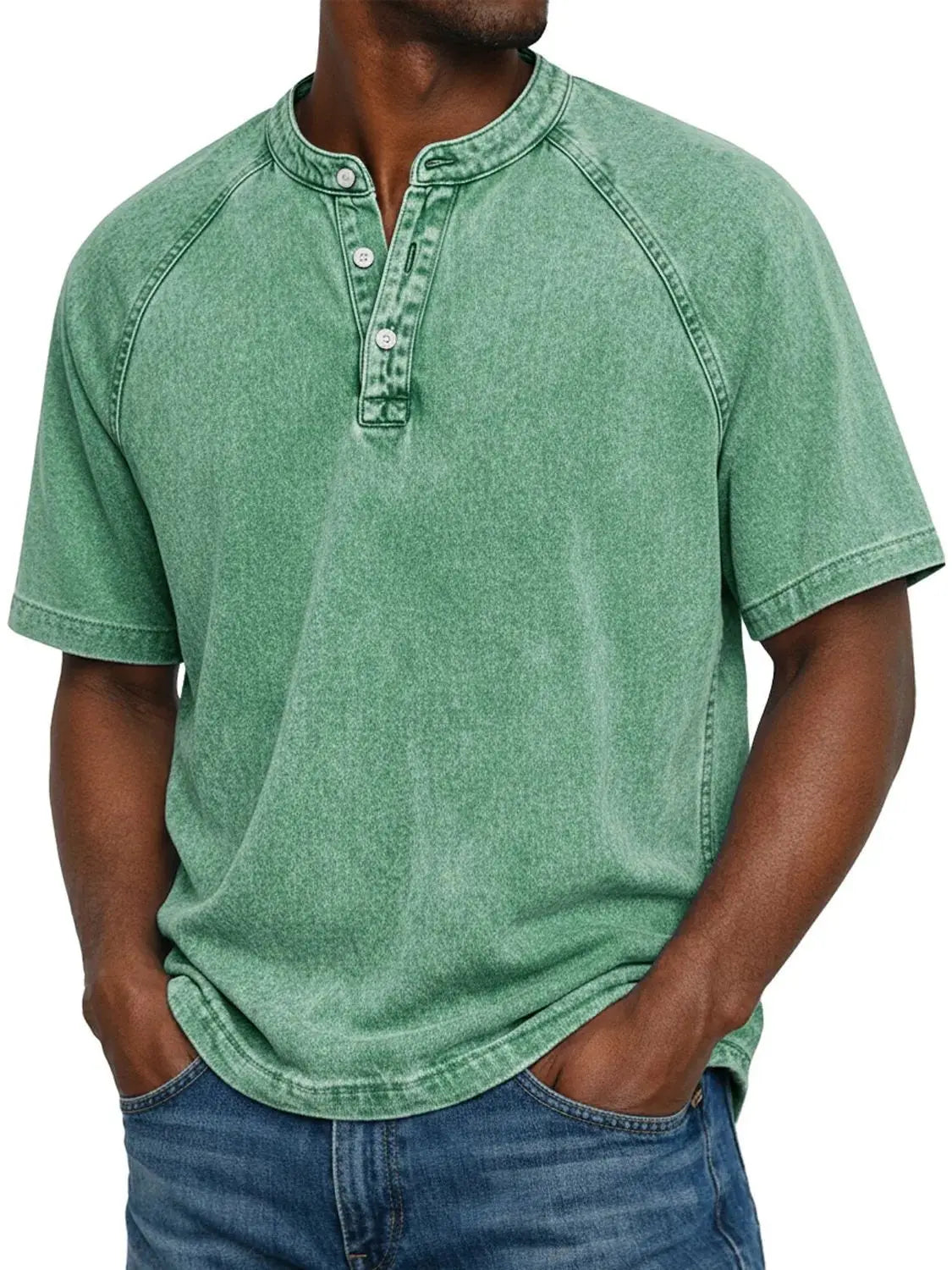Koszulka henley męska | Vintage z guzikami | Rękaw raglan