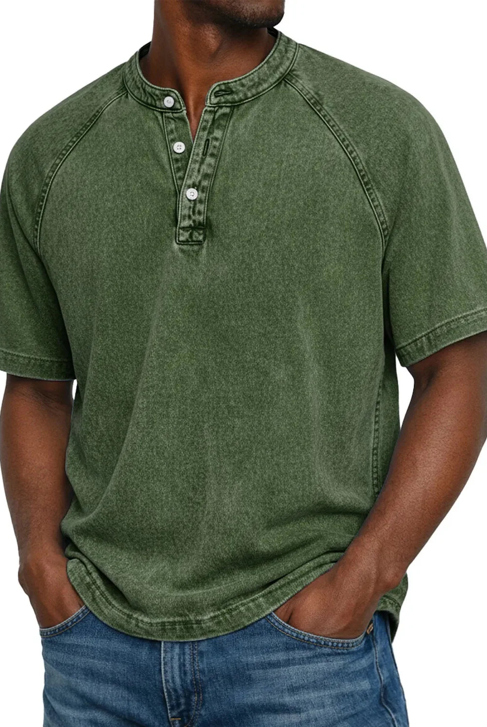 Koszulka henley męska | Vintage z guzikami | Rękaw raglan