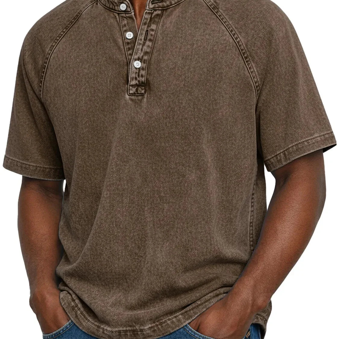 Koszulka henley męska | Vintage z guzikami | Rękaw raglan