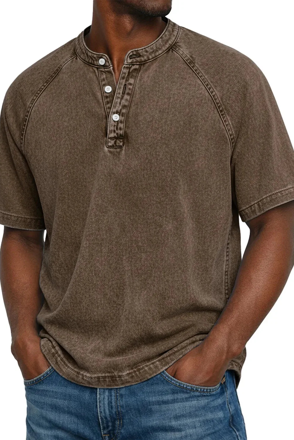 Koszulka henley męska | Vintage z guzikami | Rękaw raglan