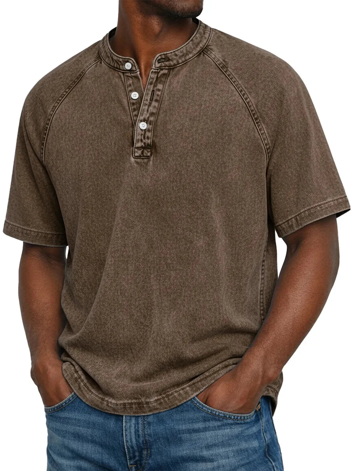 Koszulka henley męska | Vintage z guzikami | Rękaw raglan