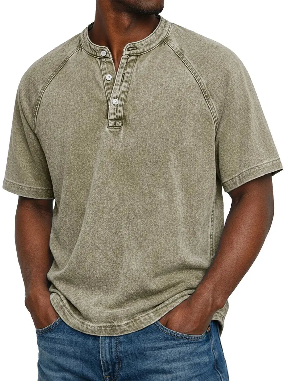 Koszulka henley męska | Vintage z guzikami | Rękaw raglan