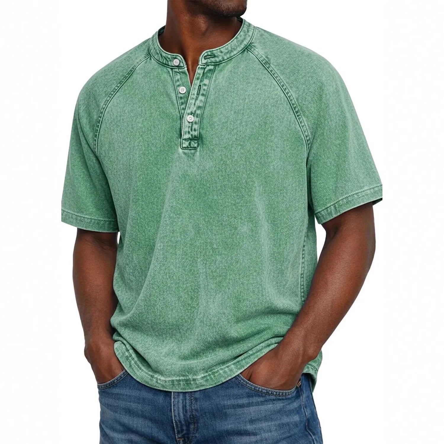 Koszulka henley męska | Vintage z guzikami | Rękaw raglan