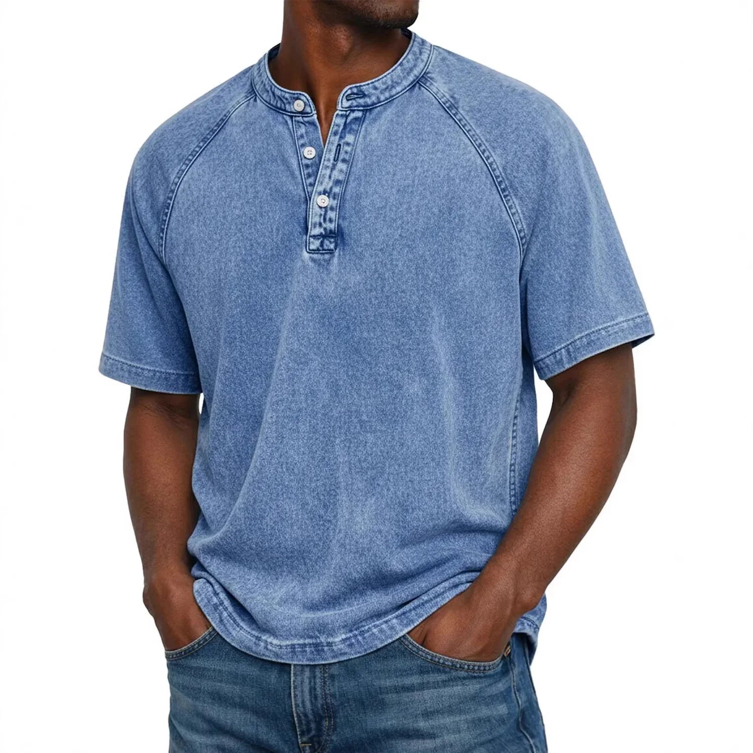 Koszulka henley męska | Vintage z guzikami | Rękaw raglan