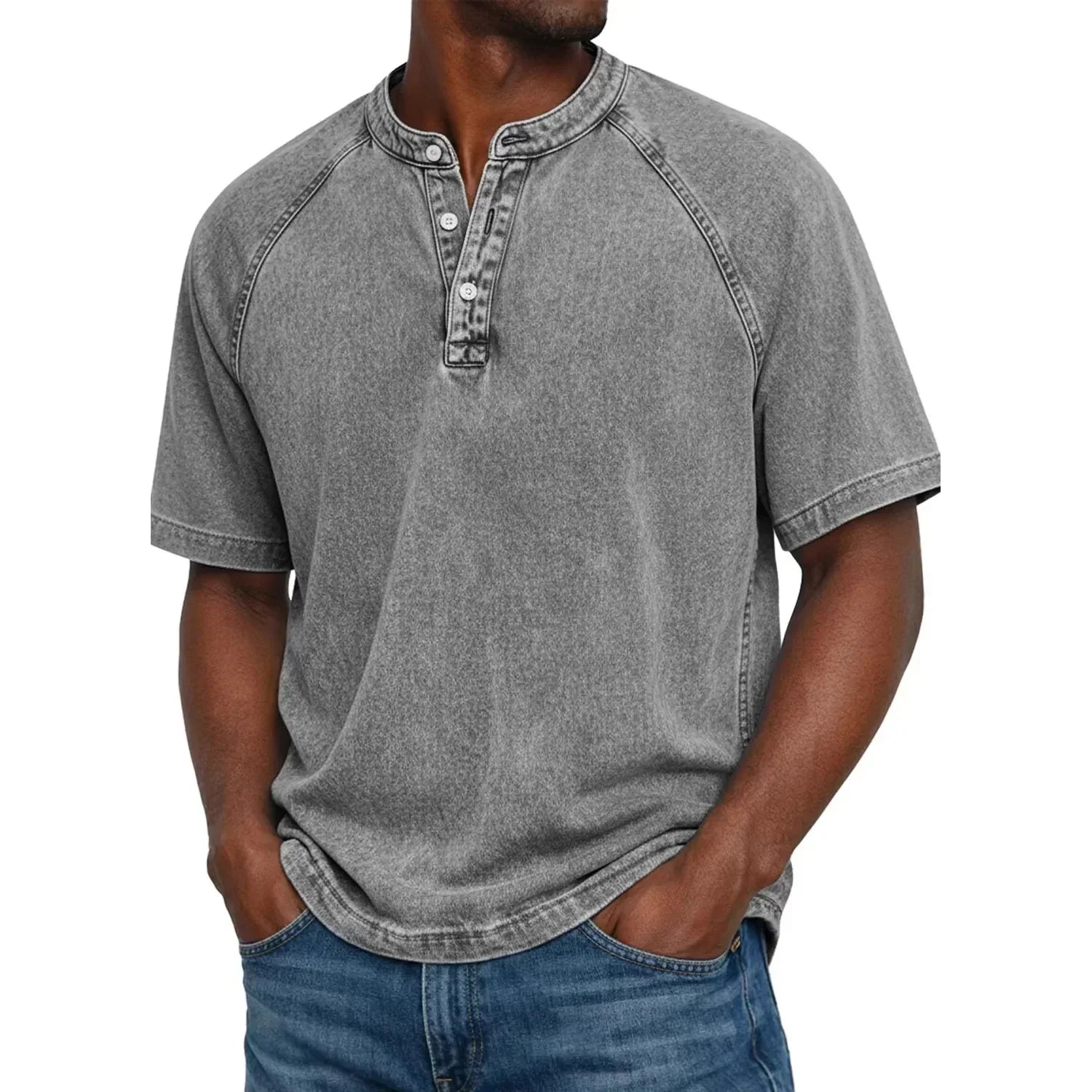 Koszulka henley męska | Vintage z guzikami | Rękaw raglan