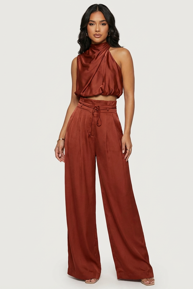Dwuczęściowy Satynowy Komplet | Halter Top i Szerokie Spodnie