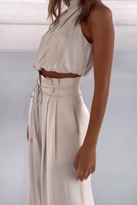Dwuczęściowy Satynowy Komplet | Halter Top i Szerokie Spodnie