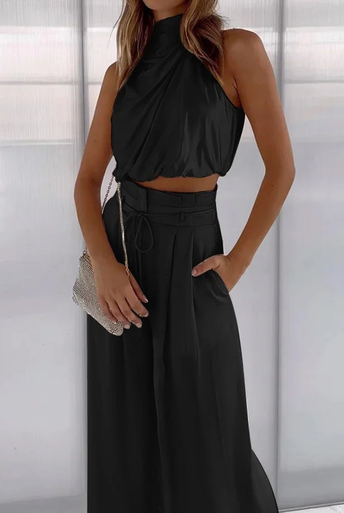 Dwuczęściowy Satynowy Komplet | Halter Top i Szerokie Spodnie