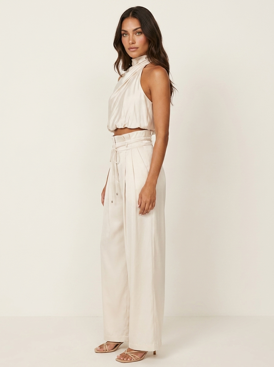 Dwuczęściowy Satynowy Komplet | Halter Top i Szerokie Spodnie