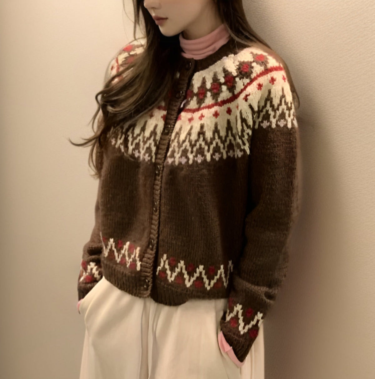 Sweter dzianinowy wzór skandynawski vintage islandzki motyw plemienny