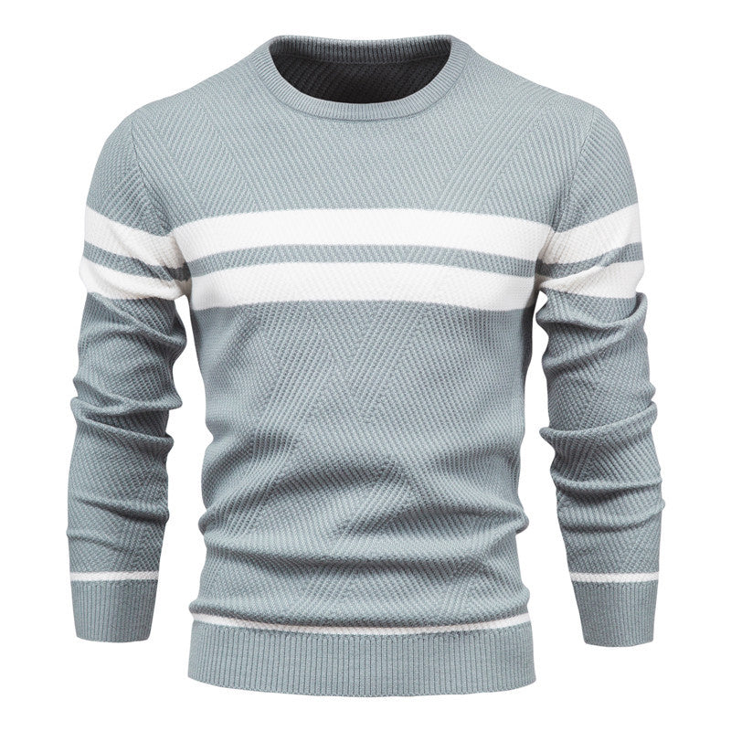 Męski sweter w paski - okrągły dekolt - klasyczny nowoczesny