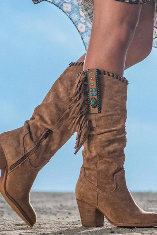 Kowbojskie Buty | Wysokie, Frędzle, Zamek | Brązowe