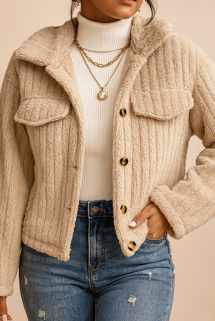Sweter rozpinany | Miękka tekstura teddy, krótki krój