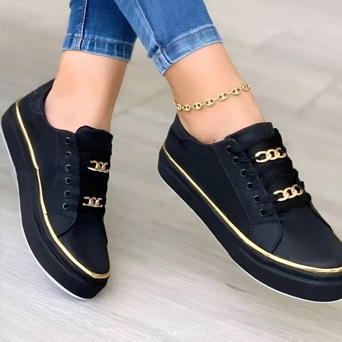 Women orthopedic sneakers lace up with gold chain accent details