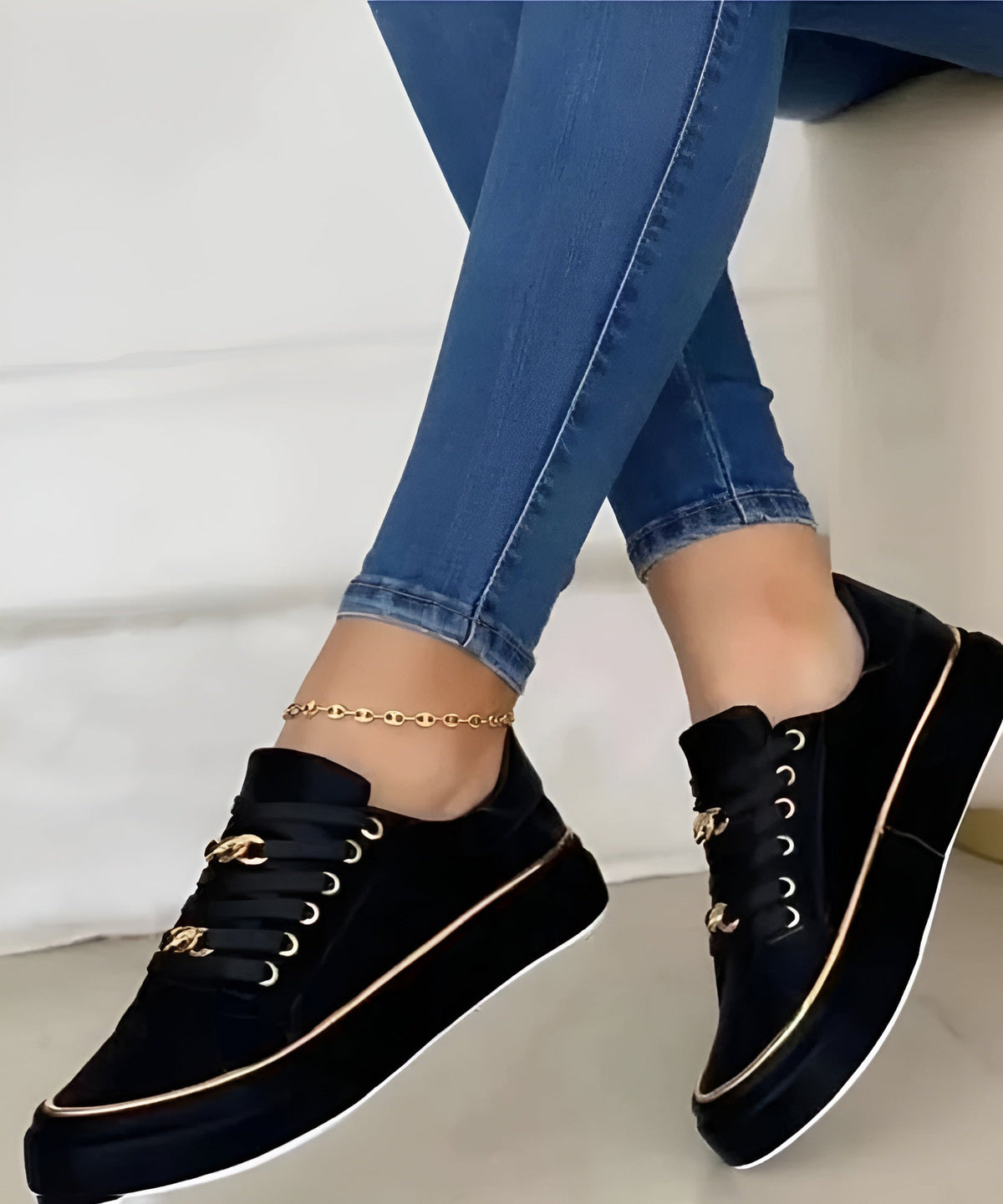 Women orthopedic sneakers lace up with gold chain accent details