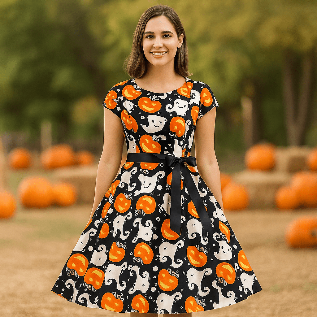 Anita Midi Sukienka - Halloween Duchy og Dynie - Festlig og Komfortabel - vivano - warszawa