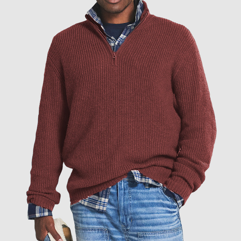 Męski kaszmir-lookowy sweter - business-casual - z zamkiem błyskawicznym