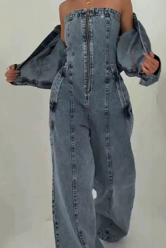 Kombinezon damski | Denim z pilotem, zamek błyskawiczny