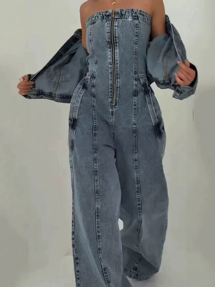 Kombinezon damski | Denim z pilotem, zamek błyskawiczny
