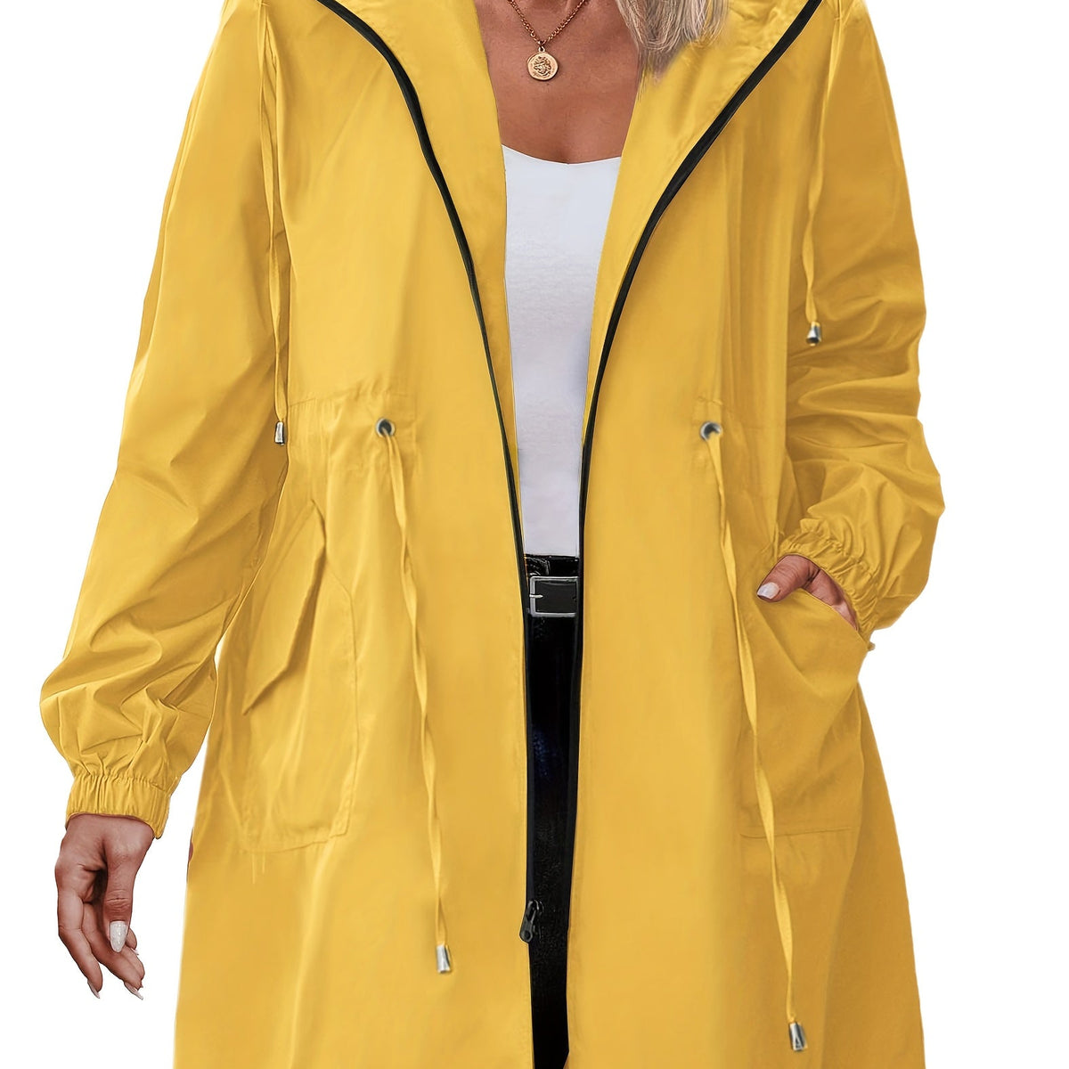 Płaszcz Przeciwdeszczowy Damski Plus Size | Kaptur, Zamek | Wielokolorowy