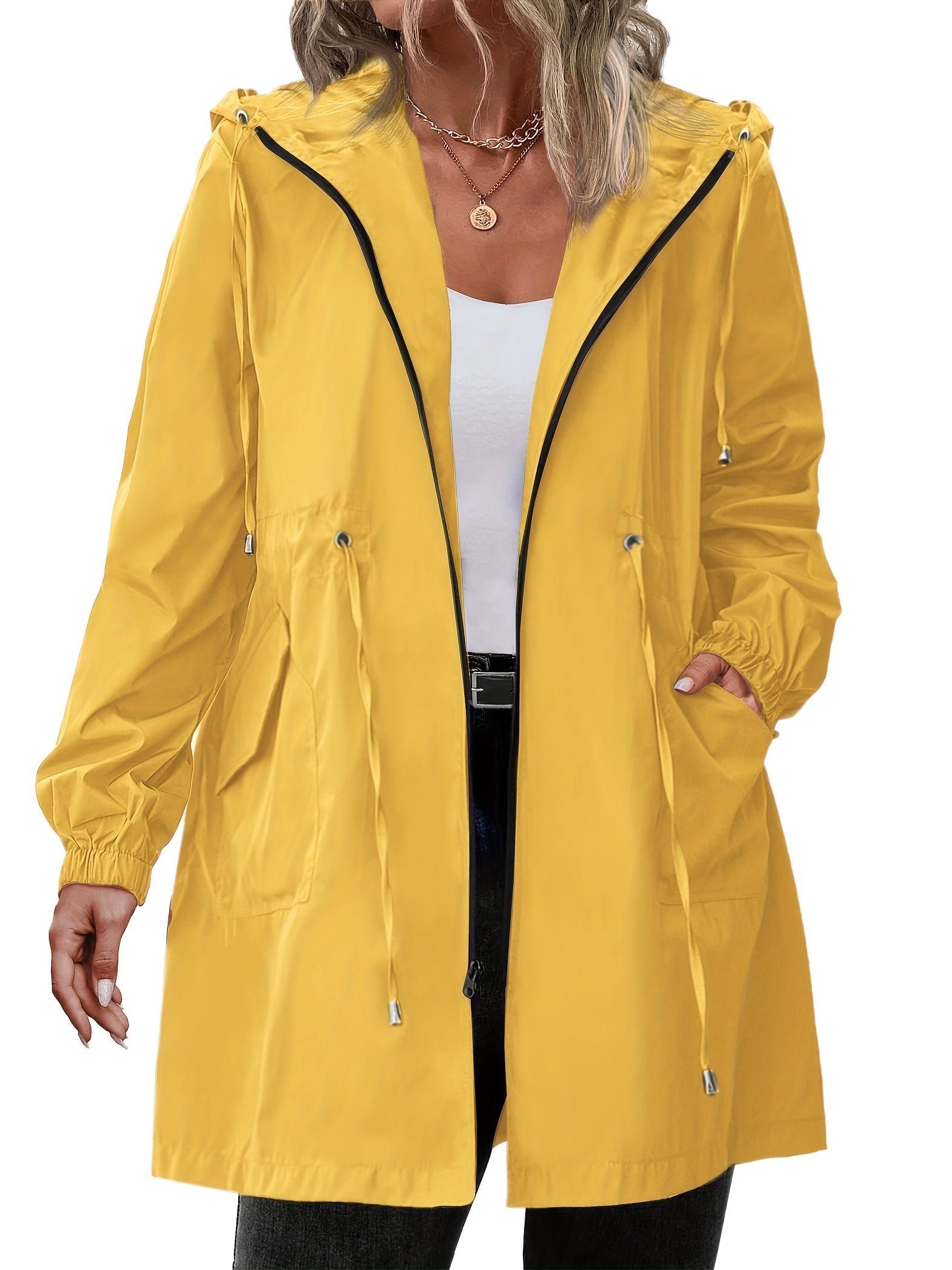 Płaszcz Przeciwdeszczowy Damski Plus Size | Kaptur, Zamek | Wielokolorowy