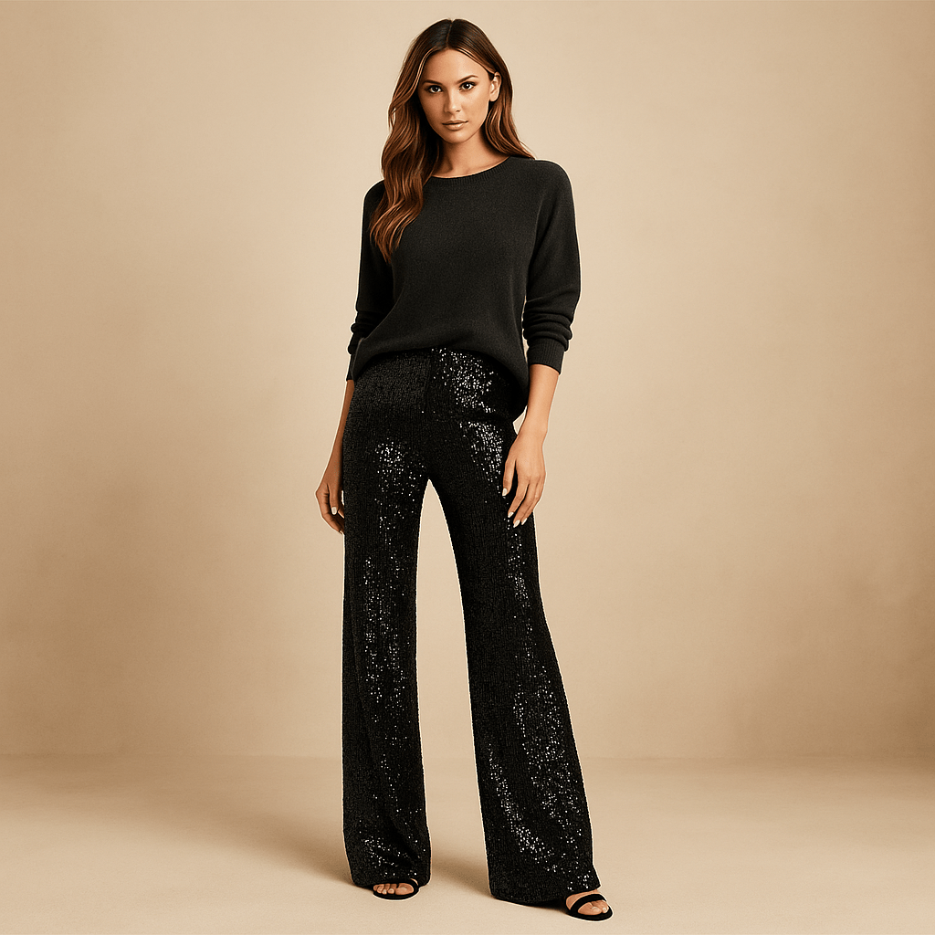 Błyszczące spodnie z cekinami - Wysoki stan - Damskie Luo - vivano - warszawa