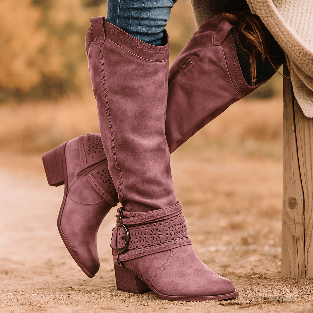 Botki Damskie – Wykończenie Zamszowe – Haftowane Cholewki – Dekoracyjna Klamra - vivano - warszawa