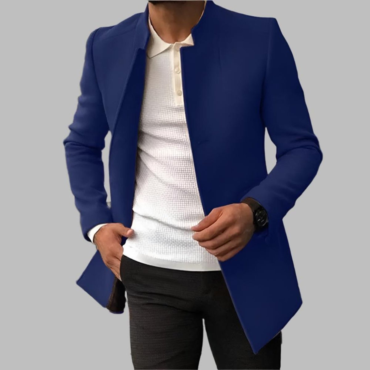 Męski wełniany płaszcz slim fit ze stójką