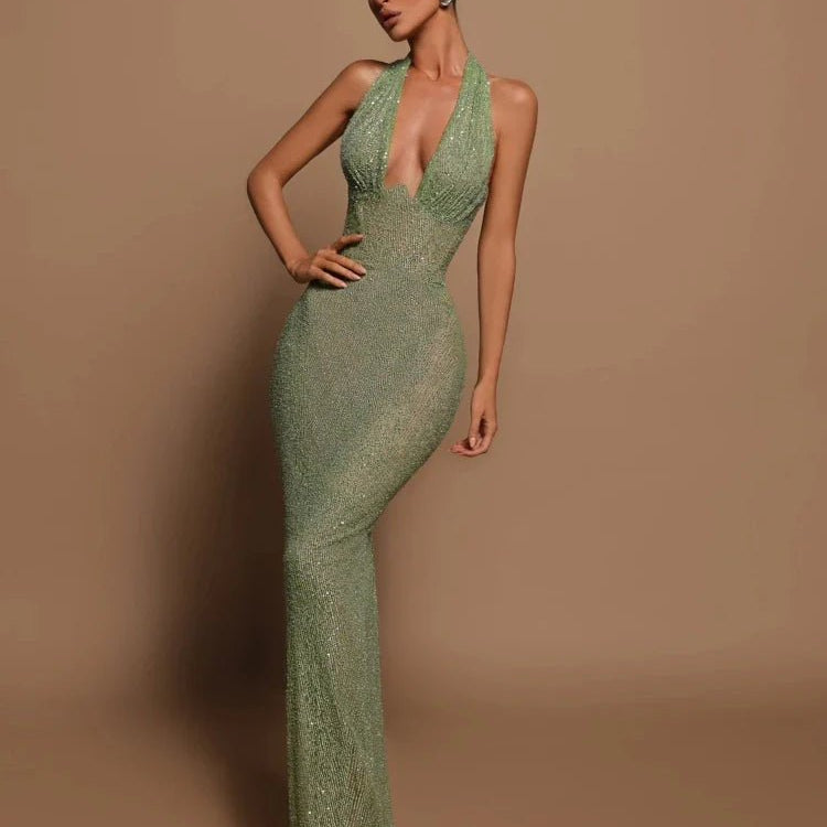 Cekinowa sukienka wieczorowa maxi z głębokim dekoltem - vivano - warszawa