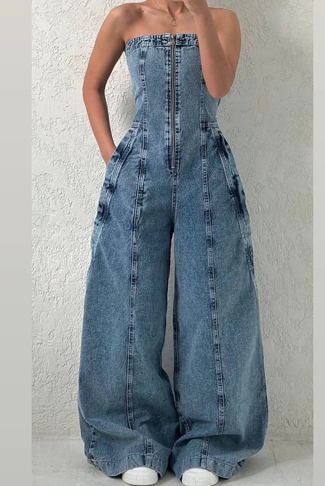 Kombinezon damski | Denim z pilotem, zamek błyskawiczny