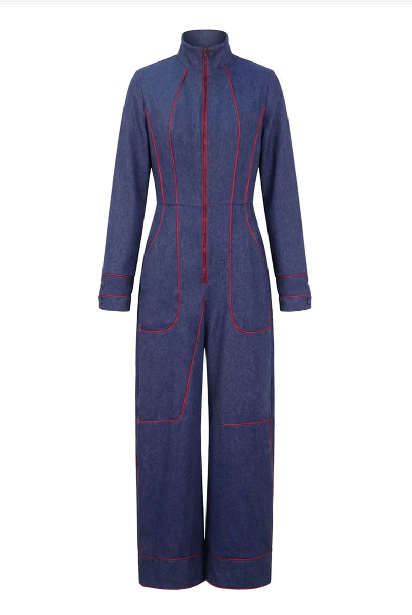 Kombinezon denim | Szerokie nogawki, długie rękawy, stójka