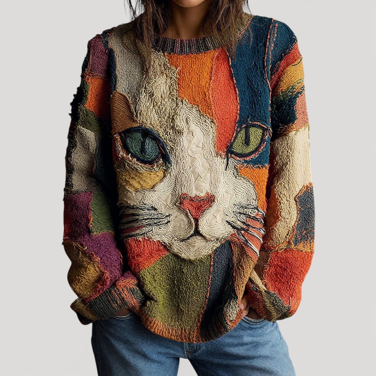 Damski sweter dzianinowy z motywem kota kolorowy relaxed fit okrągły dekolt