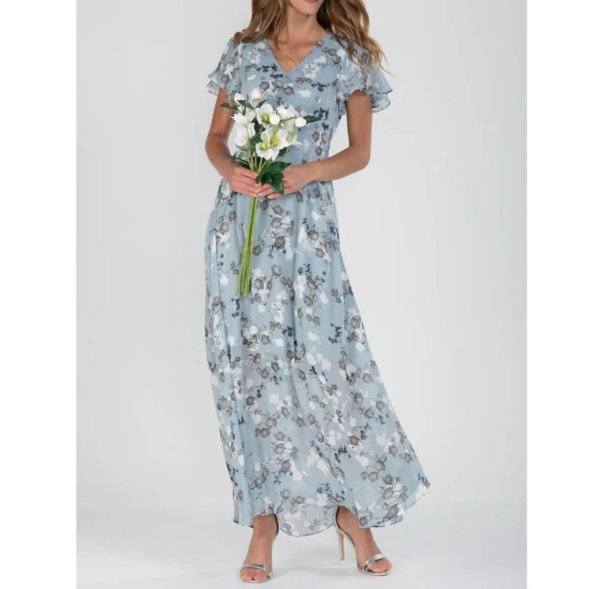 Damska szyfonowa sukienka maxi w kwiaty z krótkim rękawem i dekoltem V - vivano - warszawa