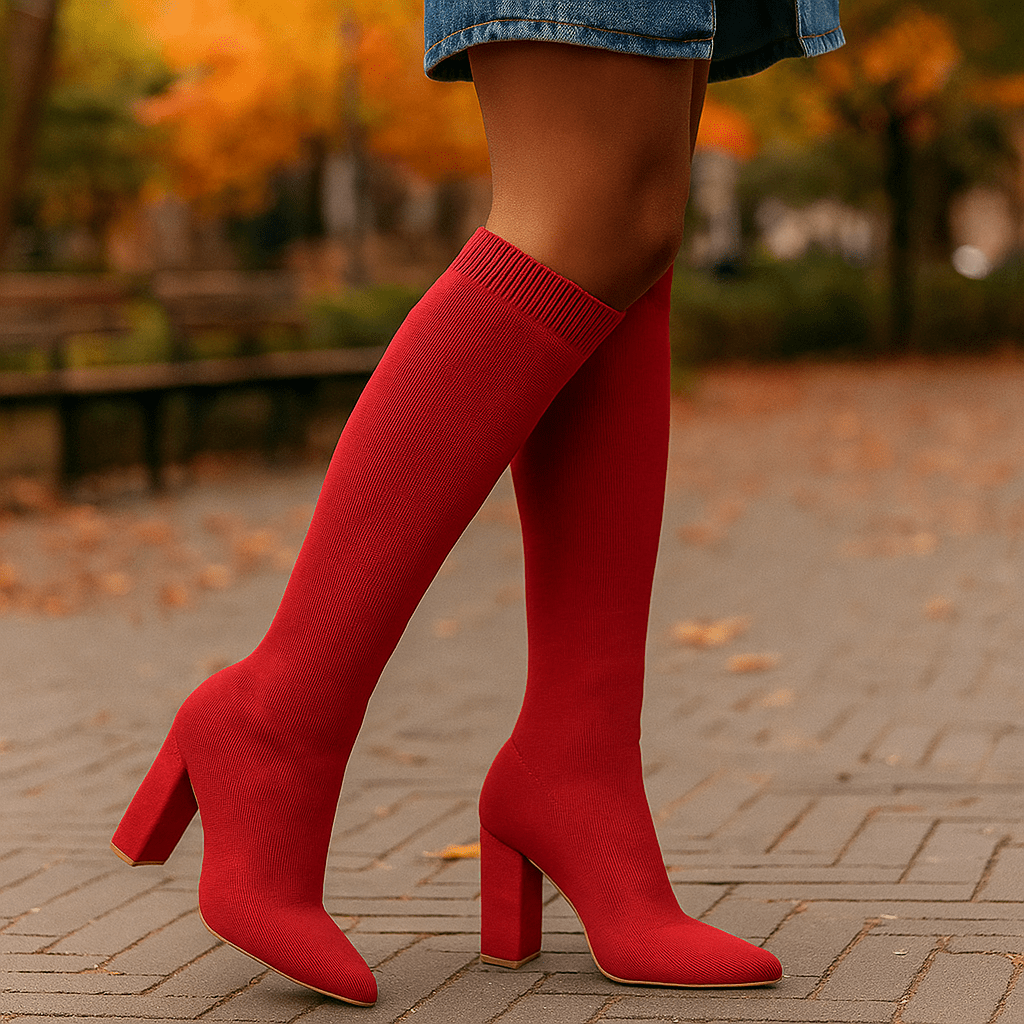 Damskie Kozaki Do Kolan - Elastyczny Strukturalny - Slim Fit - Spiczaste Noski - Słupkowe Obcasy - vivano - warszawa