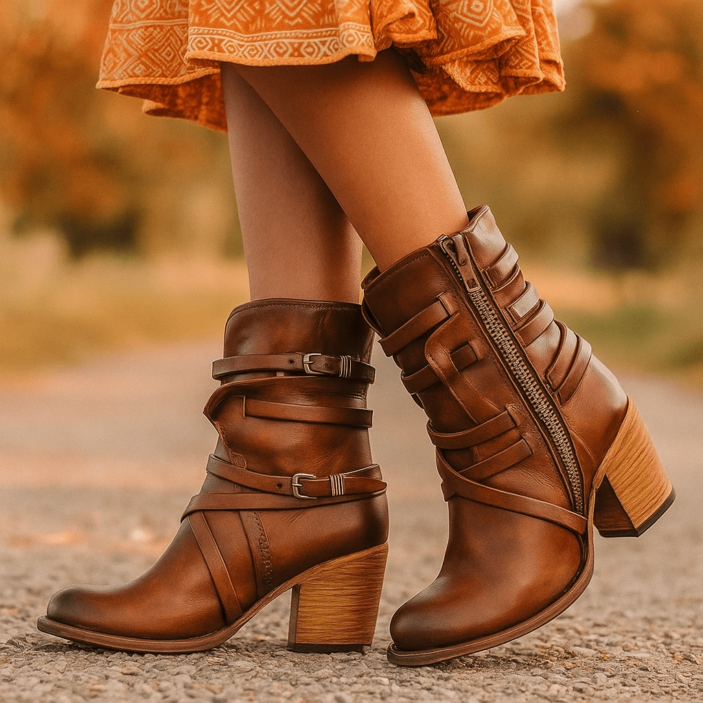 Damskie Skórzane Botki - Zużyty Wygląd - Zapięcie Z Boku - Chunky Obcas - vivano - warszawa