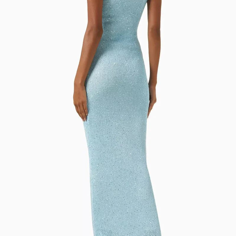 Długa błyszcząca sukienka cekinowa wieczorowa z dekoltem - vivano - warszawa