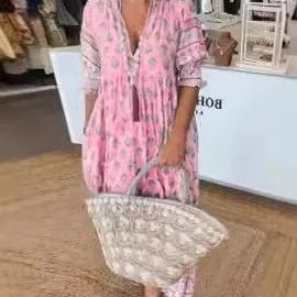 Długa sukienka boho z dekoltem V i luźnym krojem - vivano - warszawa