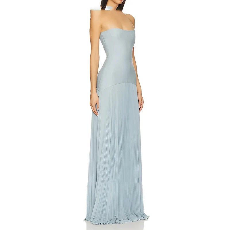 Długa wieczorowa sukienka bez ramiączek z plisowanym dołem - vivano - warszawa