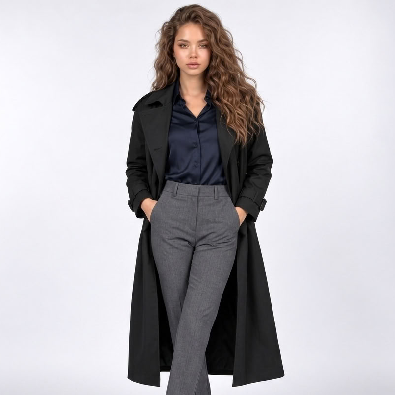 Trencz damski | Klasyczny długi płaszcz dwurzędowy | Elegancki fason