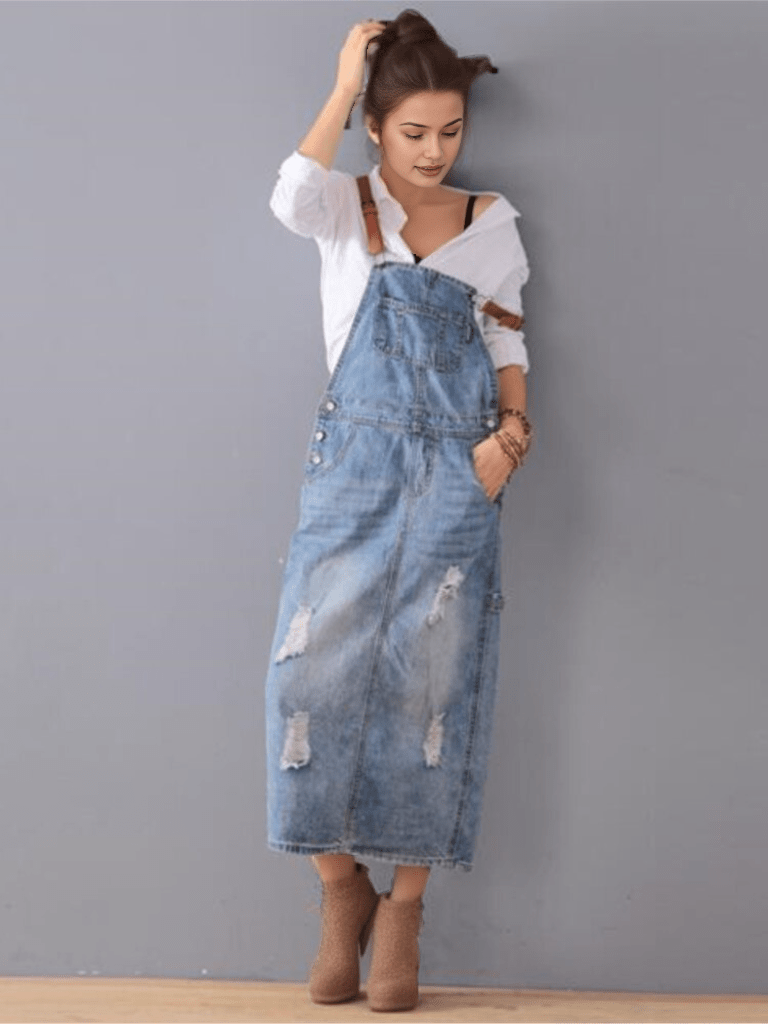 Dżinsowa Sukienka Ogrodniczka z Przetarciami - vivano - warszawa