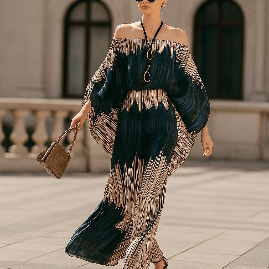 Elegancki Satynowy Zestaw Damski - Asymetryczny Top - Szerokie Spodnie - vivano - warszawa