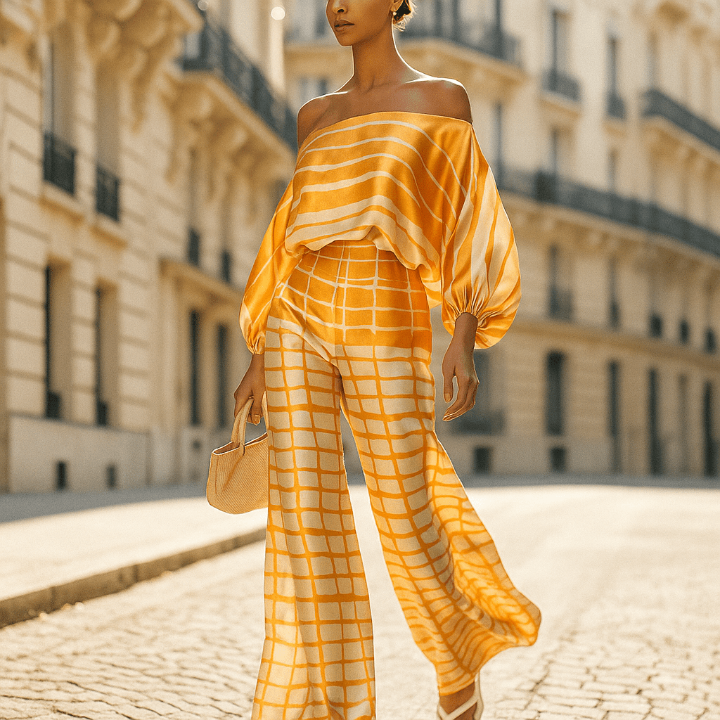 Elegancki Satynowy Zestaw Damski - Asymetryczny Top - Szerokie Spodnie - vivano - warszawa