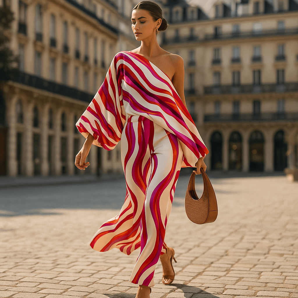 Elegancki Satynowy Zestaw Damski - Asymetryczny Top - Szerokie Spodnie - vivano - warszawa