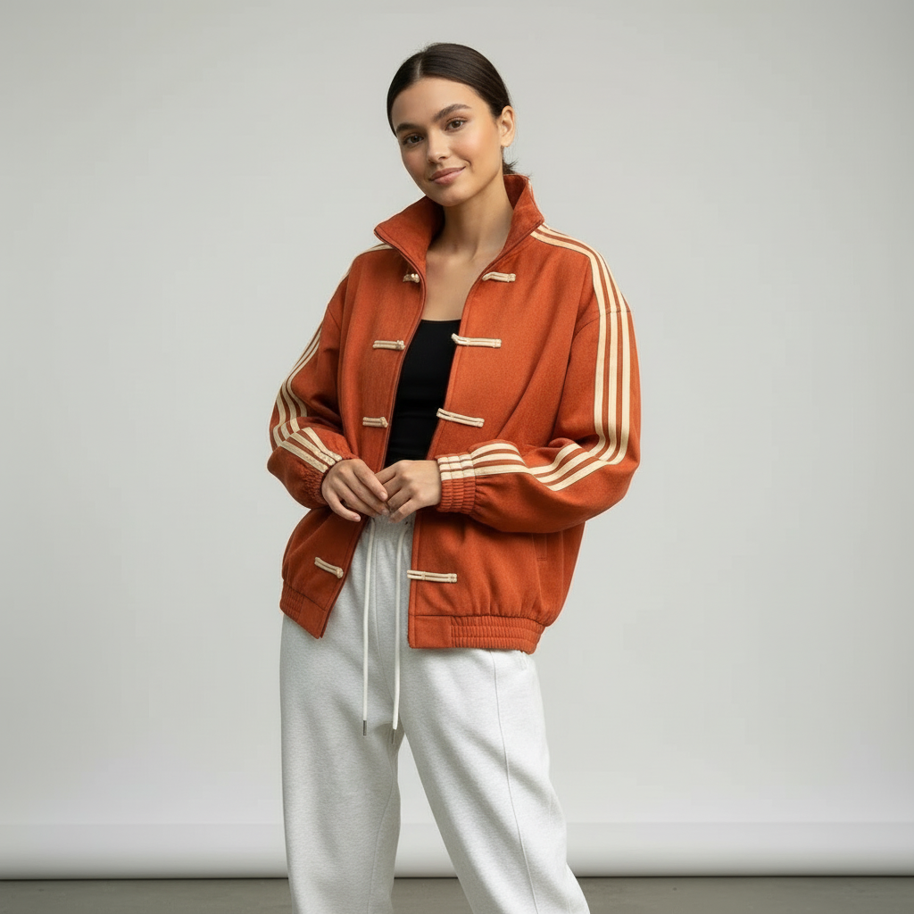 Damska bluza dresowa retro sportowa z guzikami i kontrastującymi paskami